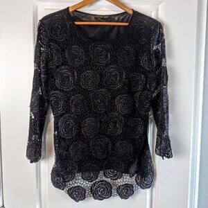 Gizel Black Lace Mesh Embellished Crystal LS Top